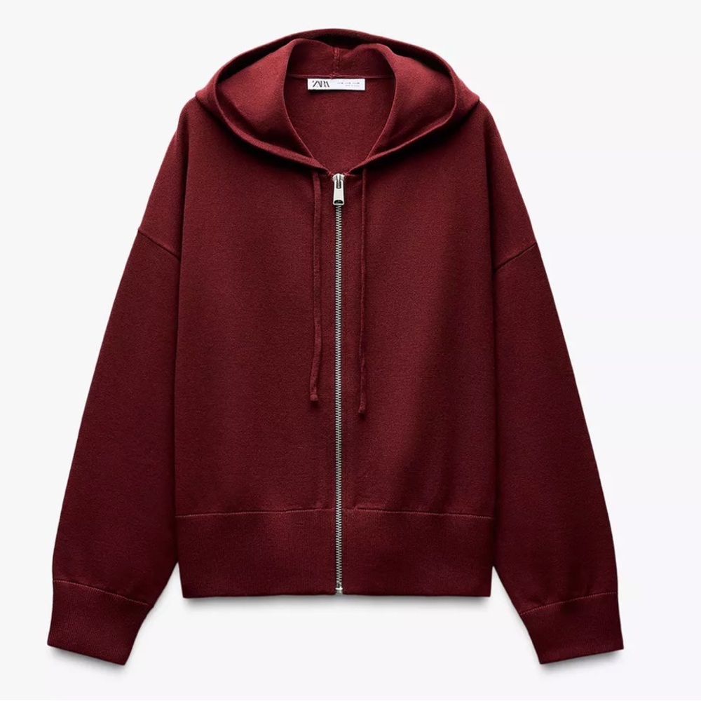 ZARA Burgundy Hooded Knit Zip-Up Sweatshirt Sweater | NWT |